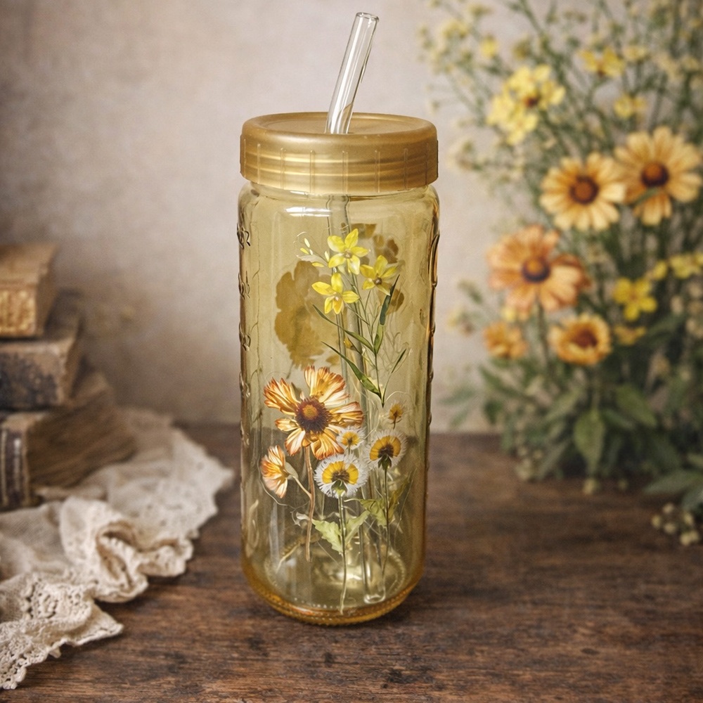 Floral Glass Tumbler with Straw - Gold